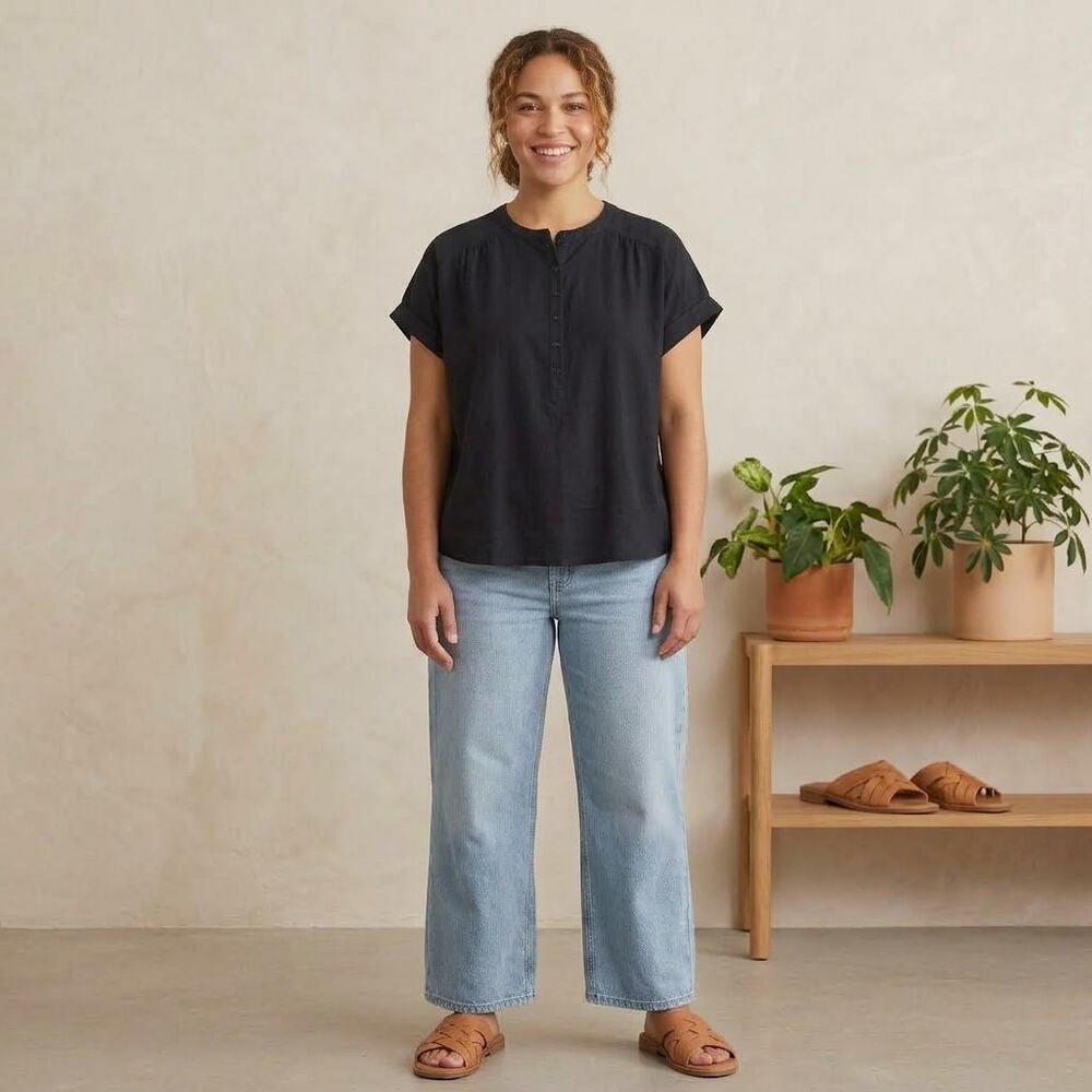 PACT Organic Cotton Blouse Womens XL Black Gauze Minimalist Coastal Boho Popover